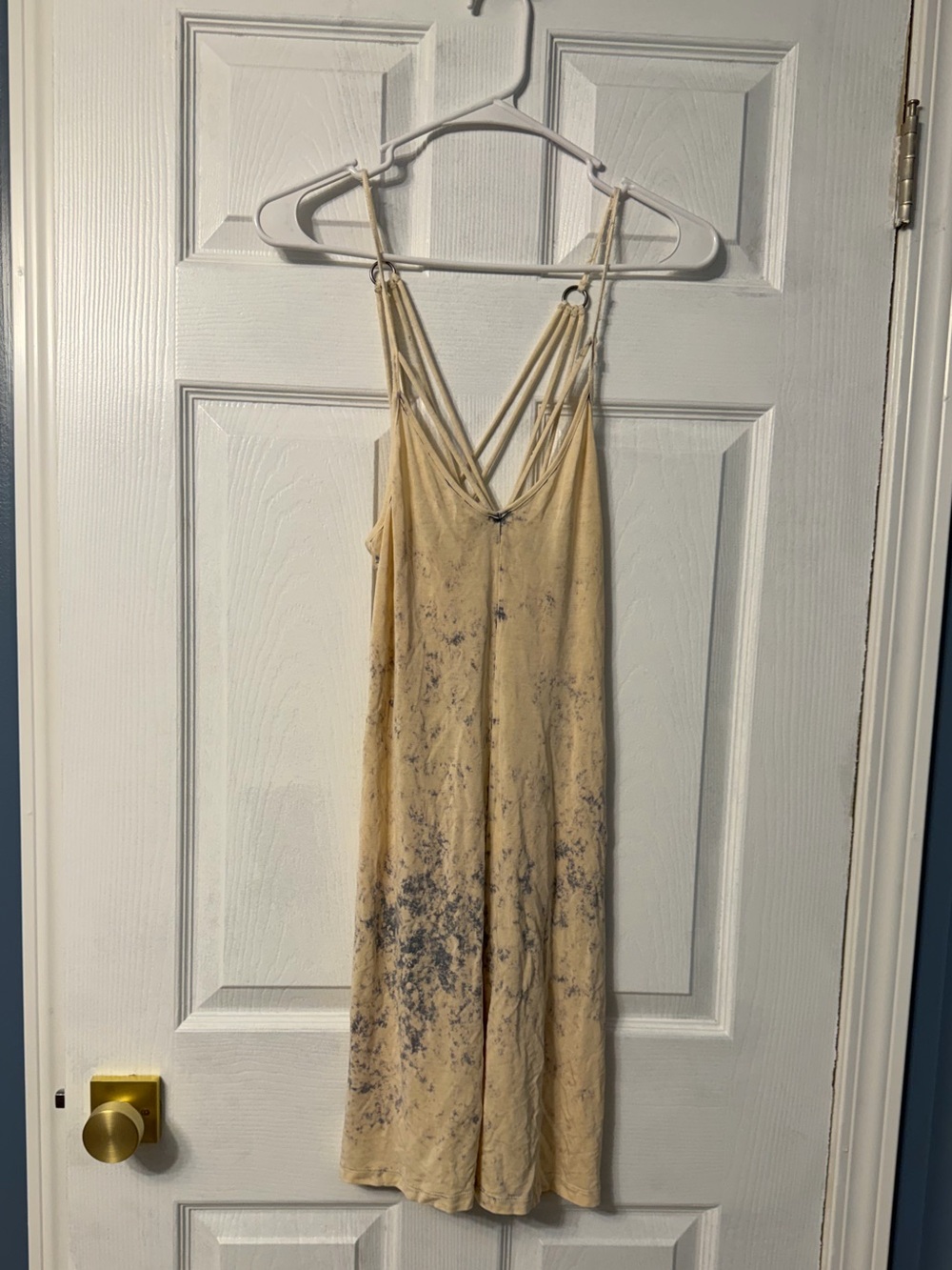 American Eagle strappy tie-dye mini slip dress in a cream and blue wash featurin